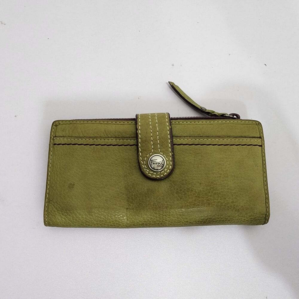 Vintage Fossil Green Blue Leather Double-Fold Wallet Cards Zipper Coin Pocket